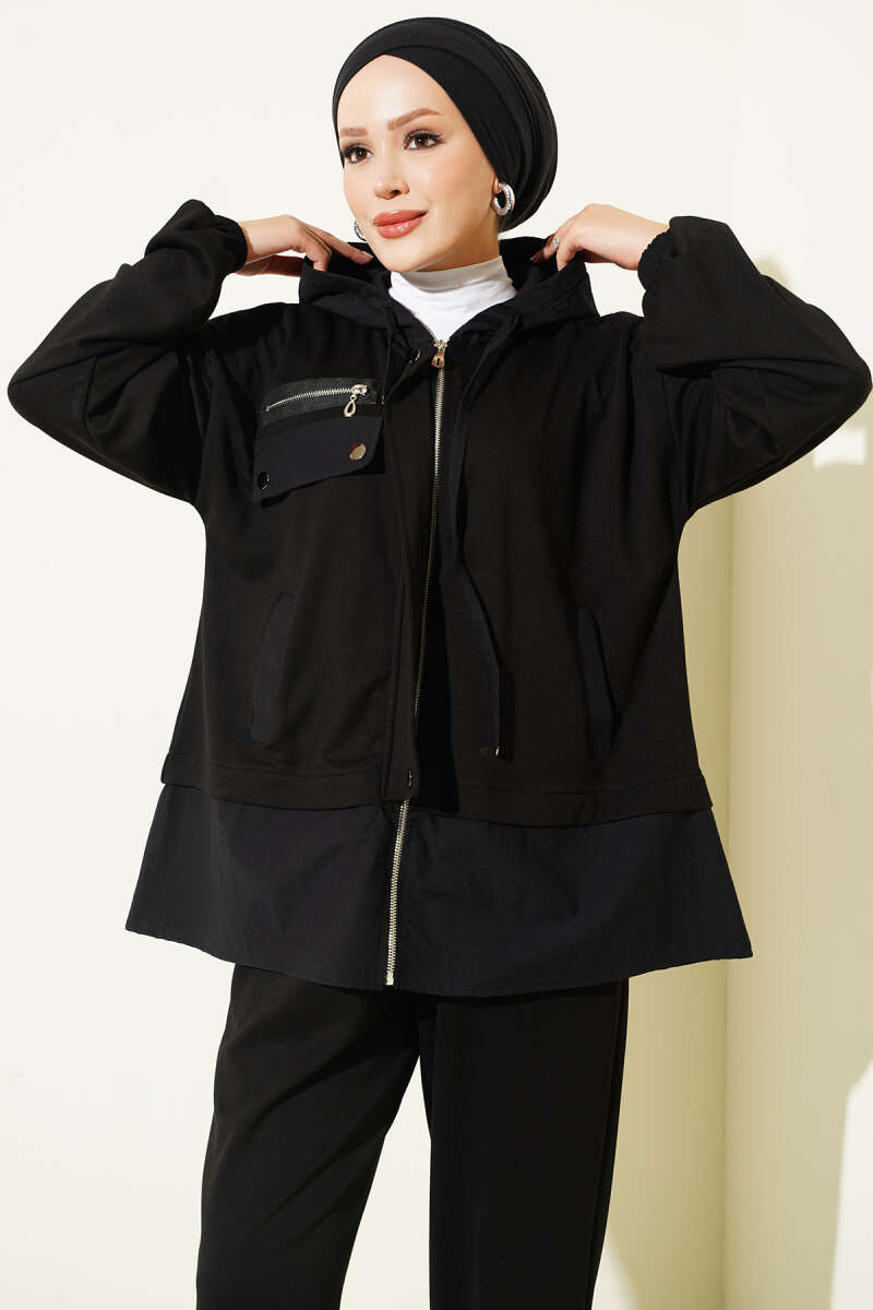 Hooded Parachute Two-Piece Set - Black
