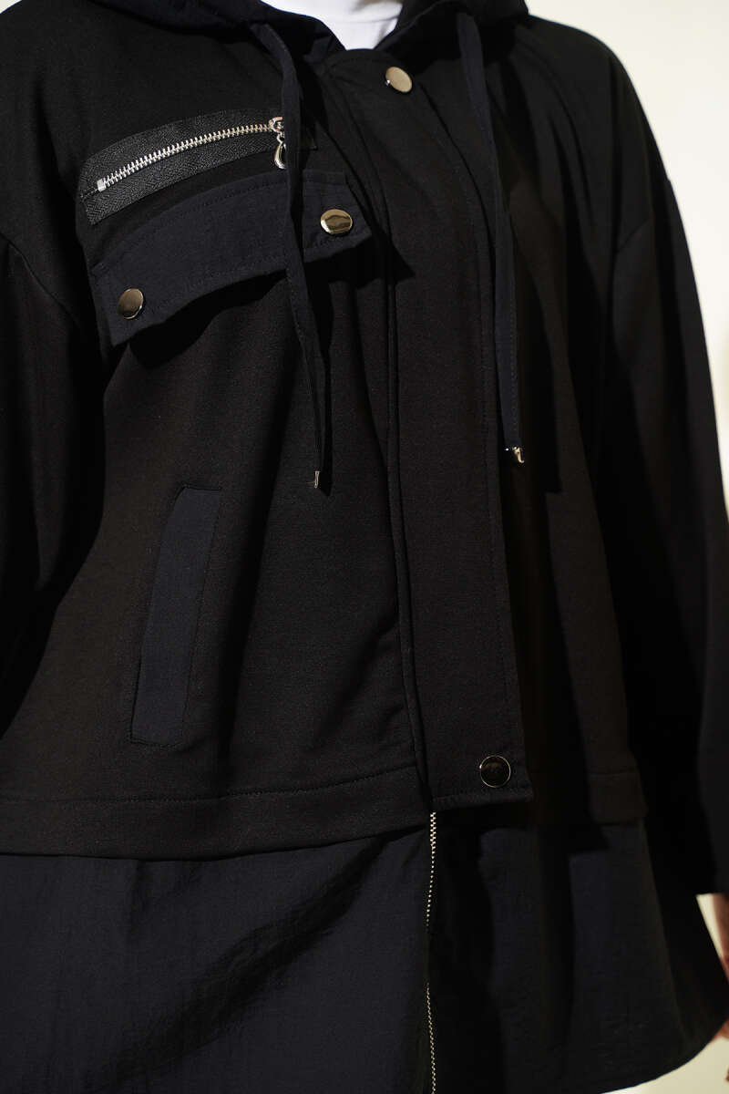 Hooded Parachute Two-Piece Set - Black