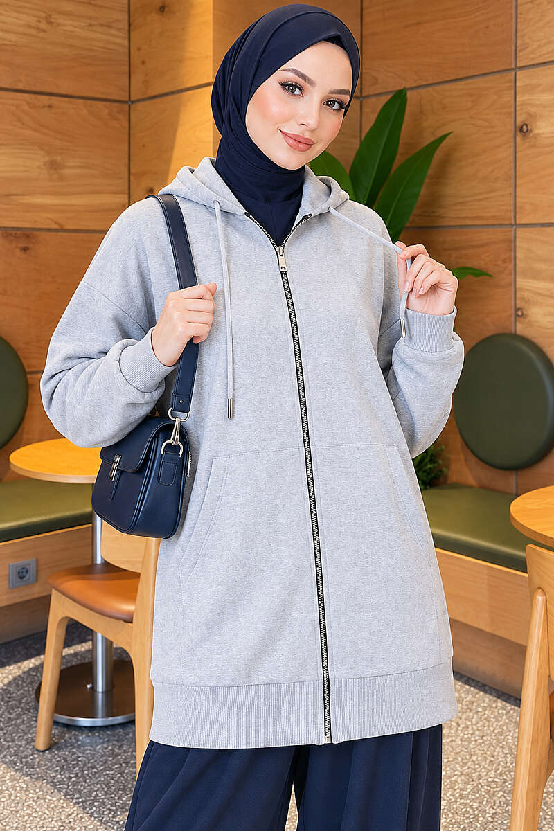 Loose Hooded Zip-Up Cardigan - Grey