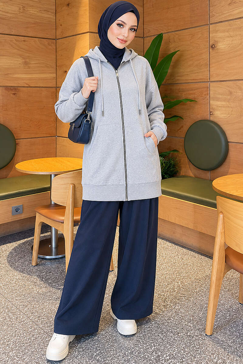 Loose Hooded Zip-Up Cardigan - Grey