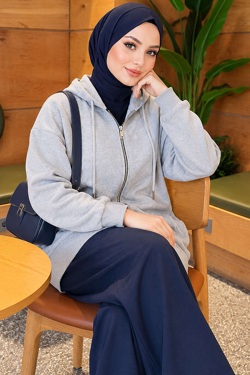 Loose Hooded Zip-Up Cardigan - Grey