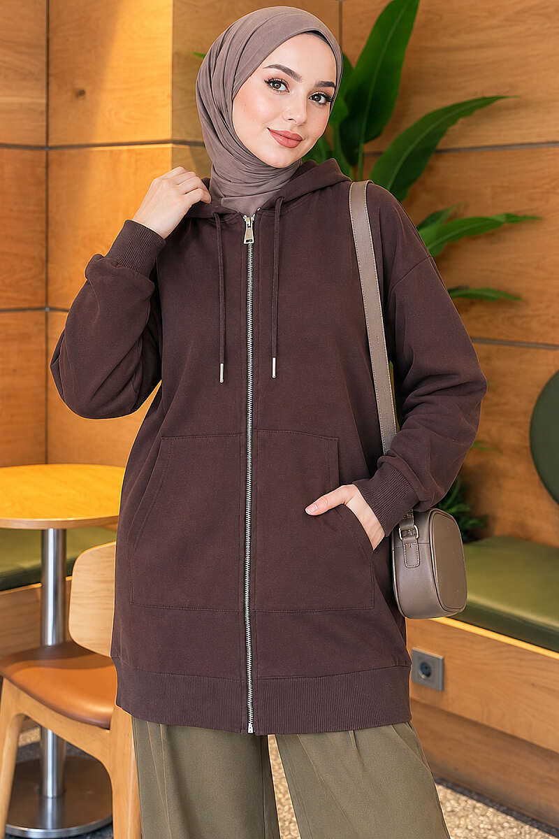 Loose Hooded Zip-Up Cardigan - Brown