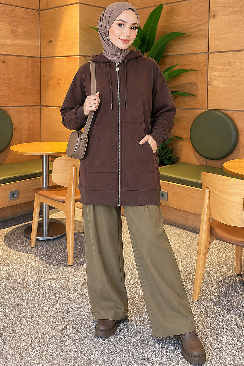 Loose Hooded Zip-Up Cardigan - Brown