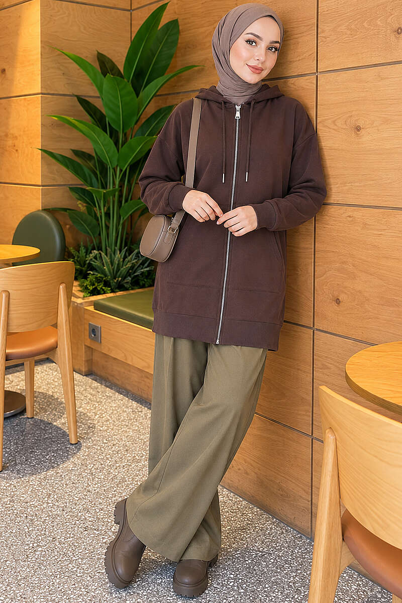 Loose Hooded Zip-Up Cardigan - Brown