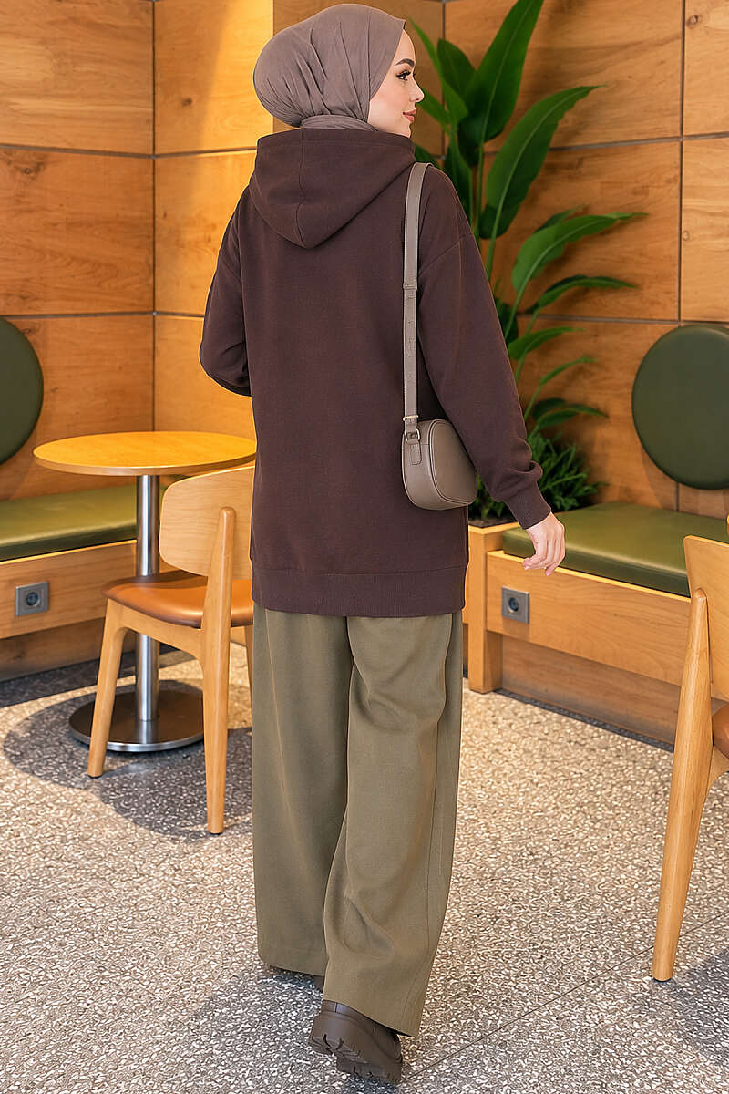 Loose Hooded Zip-Up Cardigan - Brown