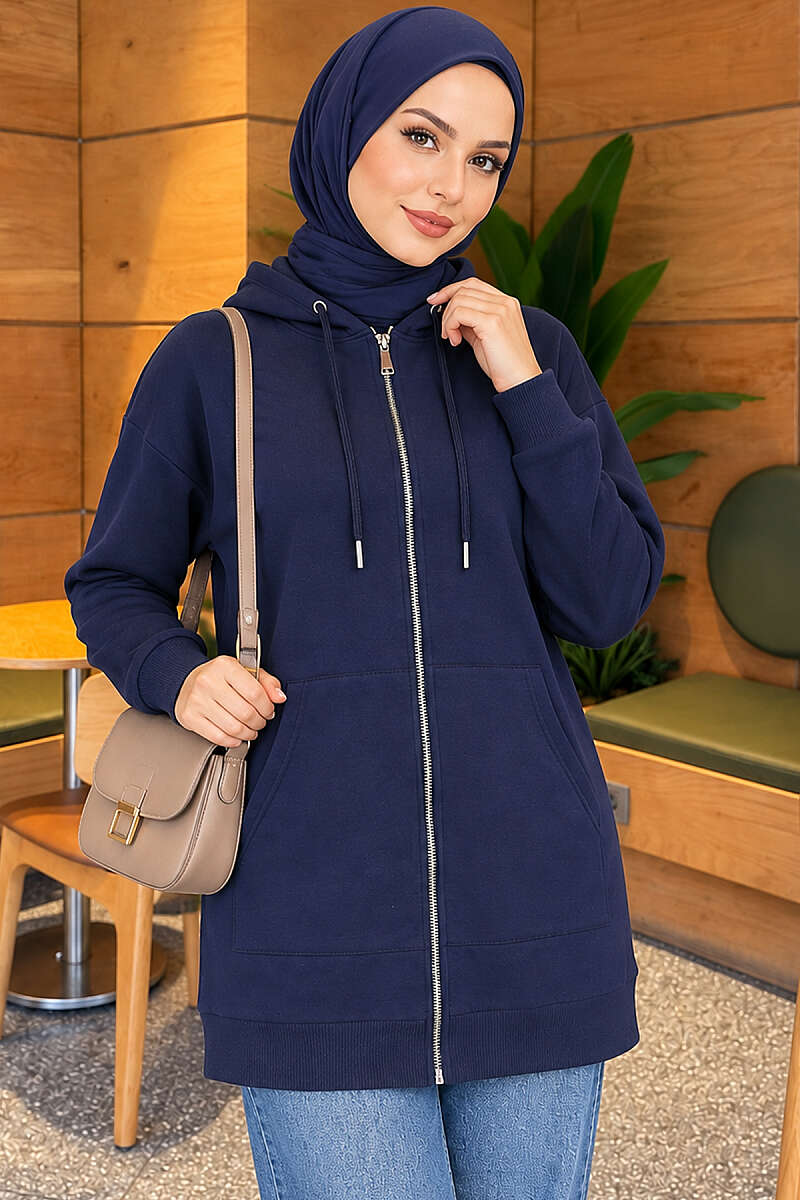 Loose Hooded Zip-Up Cardigan - Navy