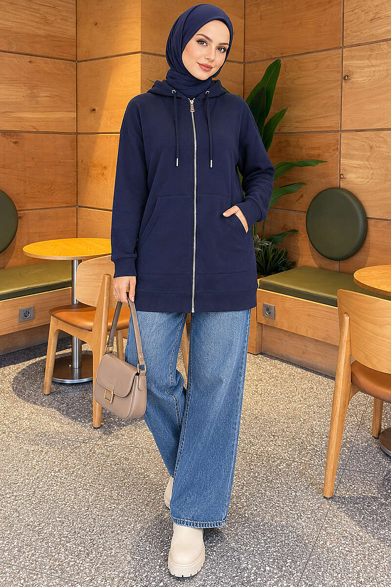 Loose Hooded Zip-Up Cardigan - Navy