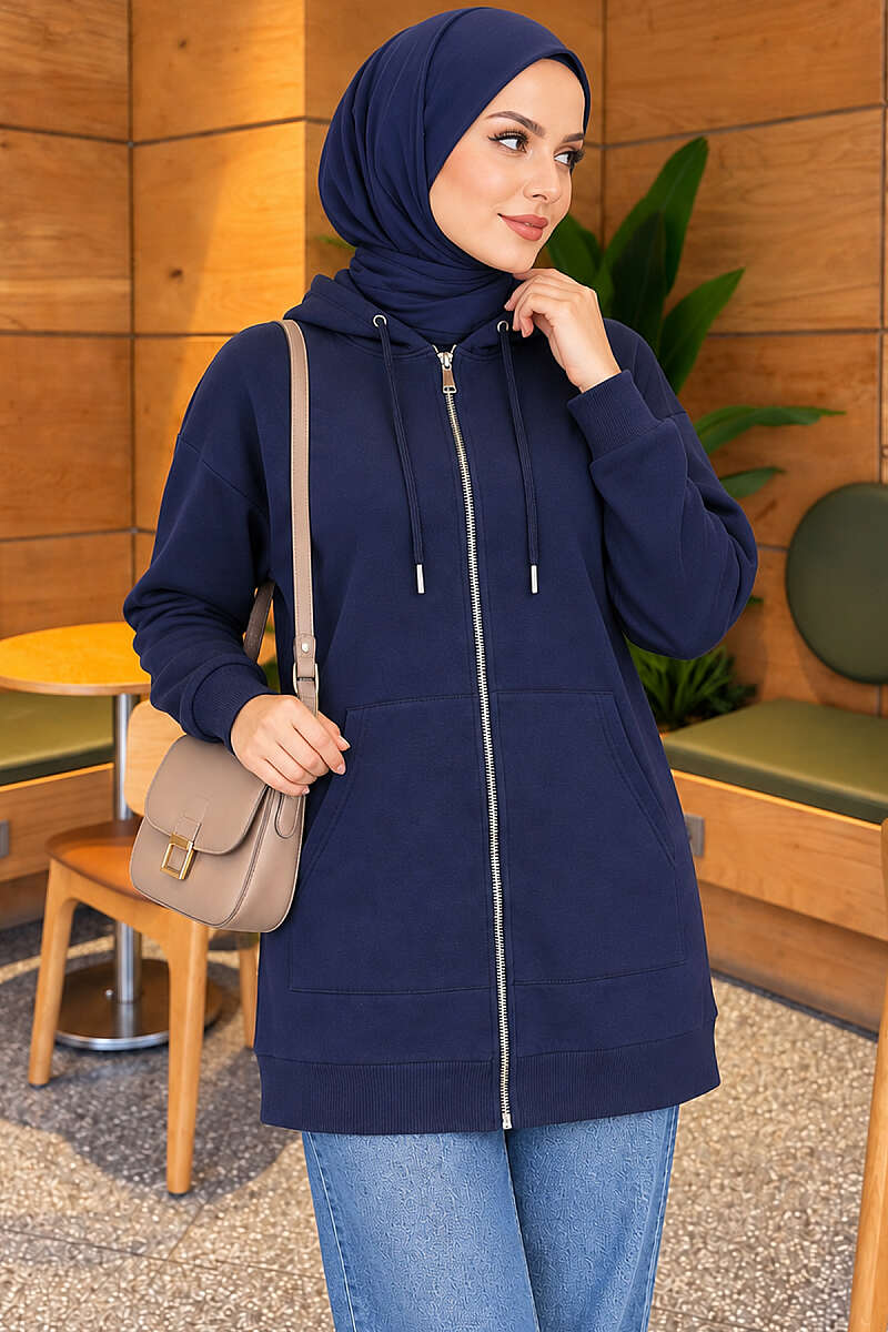 Loose Hooded Zip-Up Cardigan - Navy