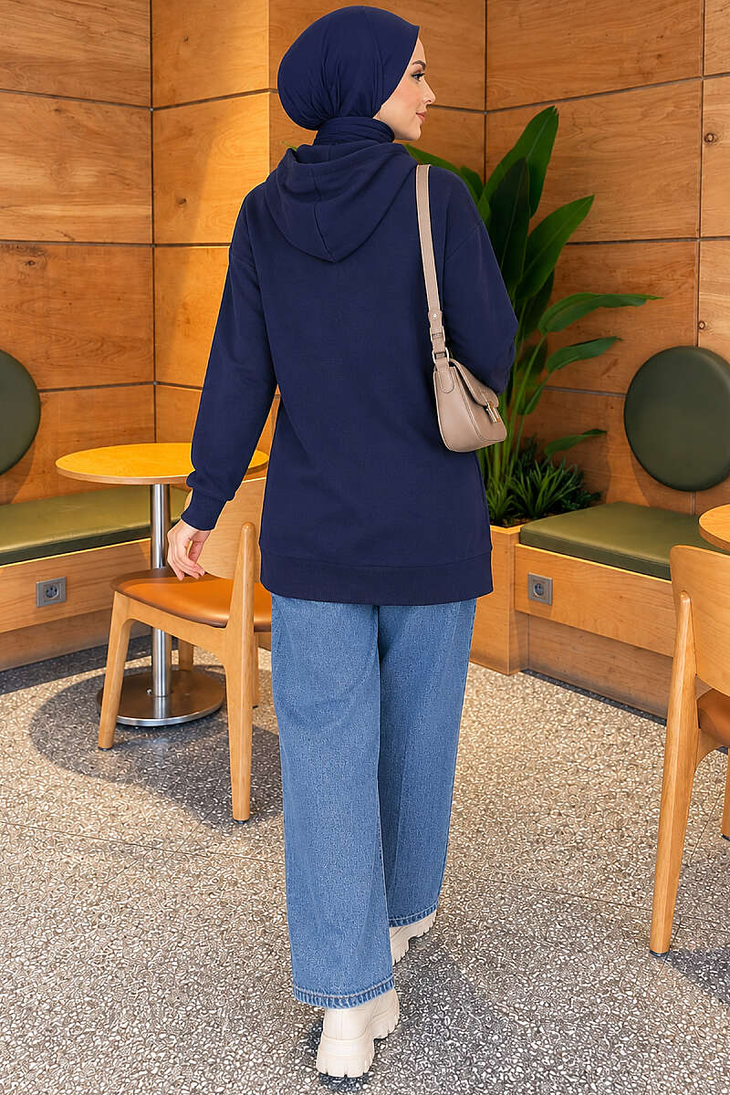 Loose Hooded Zip-Up Cardigan - Navy