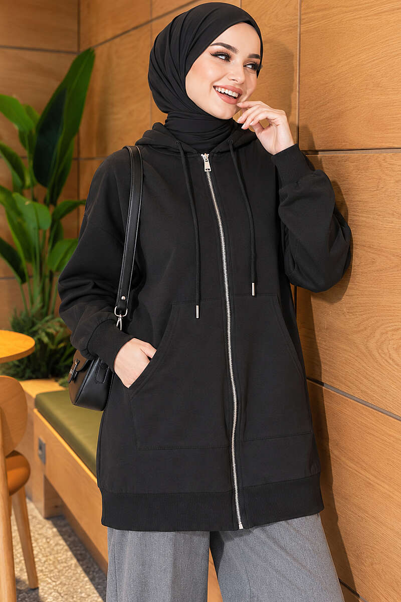 Loose Hooded Zip-Up Cardigan - Black