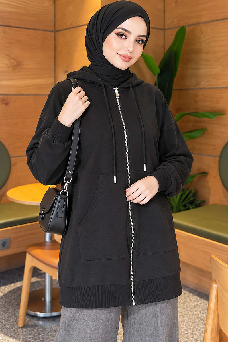 Loose Hooded Zip-Up Cardigan - Black