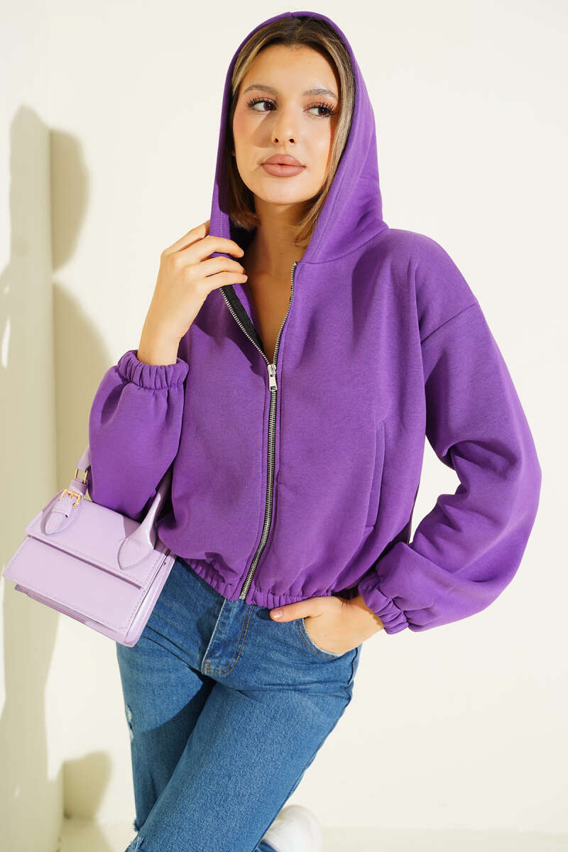 Short Hooded Brushed Cardigan - Violet
