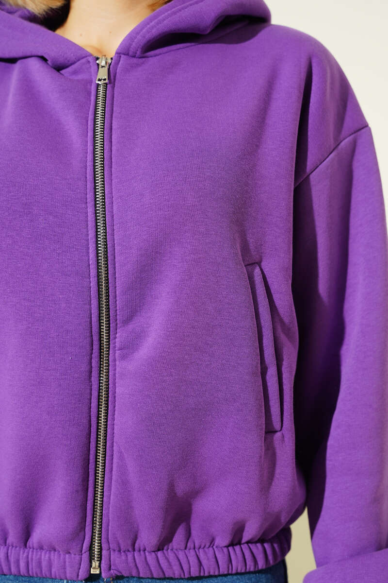 Short Hooded Brushed Cardigan - Violet