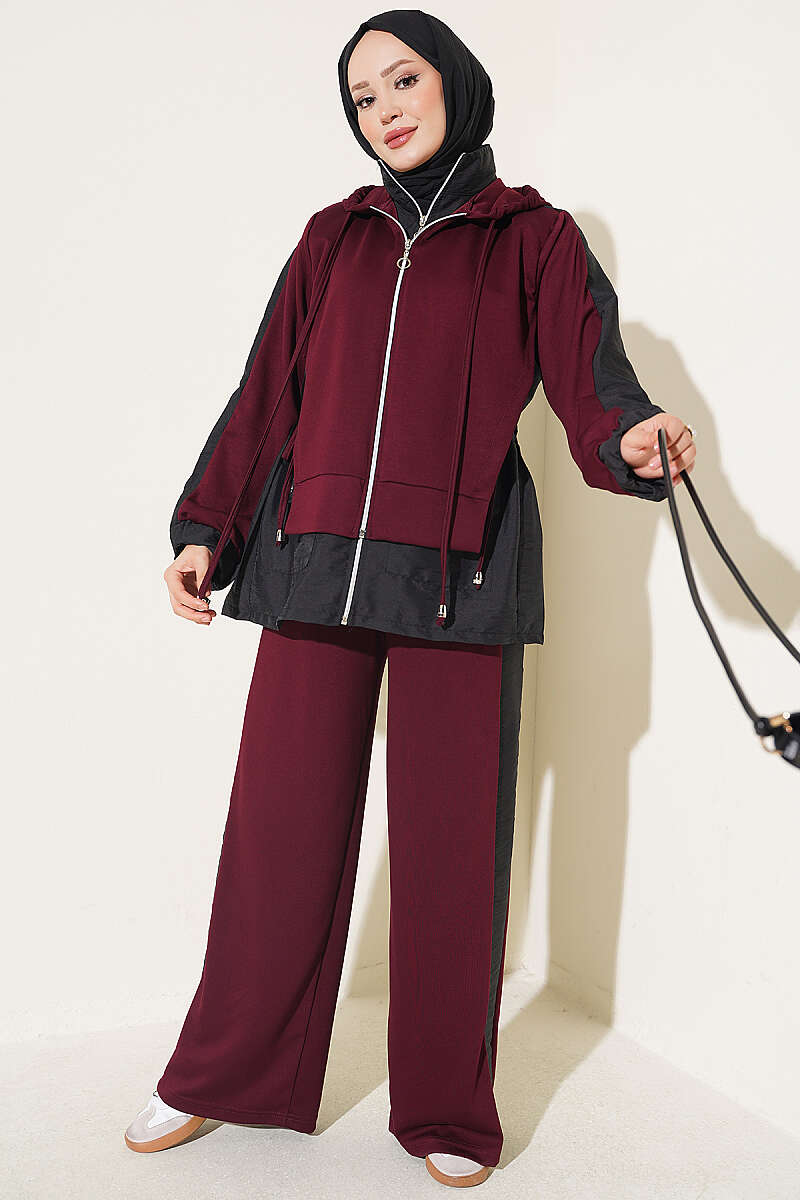 Hooded Two-Piece Set with Collar Trim - Burgundy