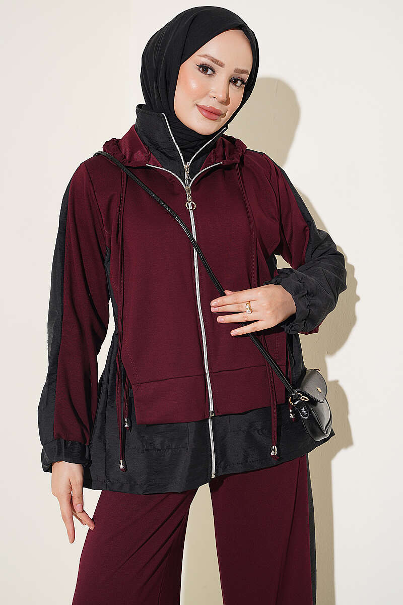 Hooded Two-Piece Set with Collar Trim - Burgundy