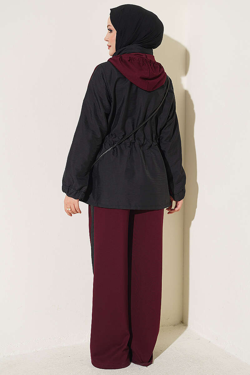 Hooded Two-Piece Set with Collar Trim - Burgundy