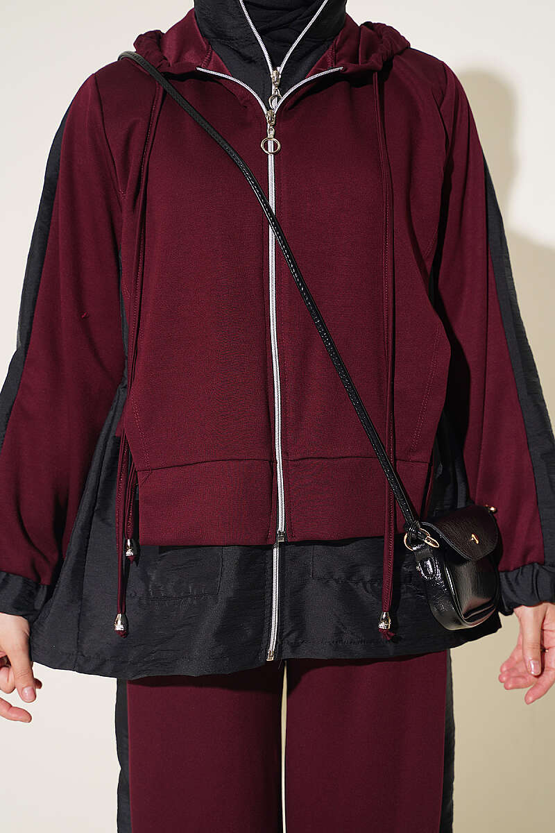 Hooded Two-Piece Set with Collar Trim - Burgundy