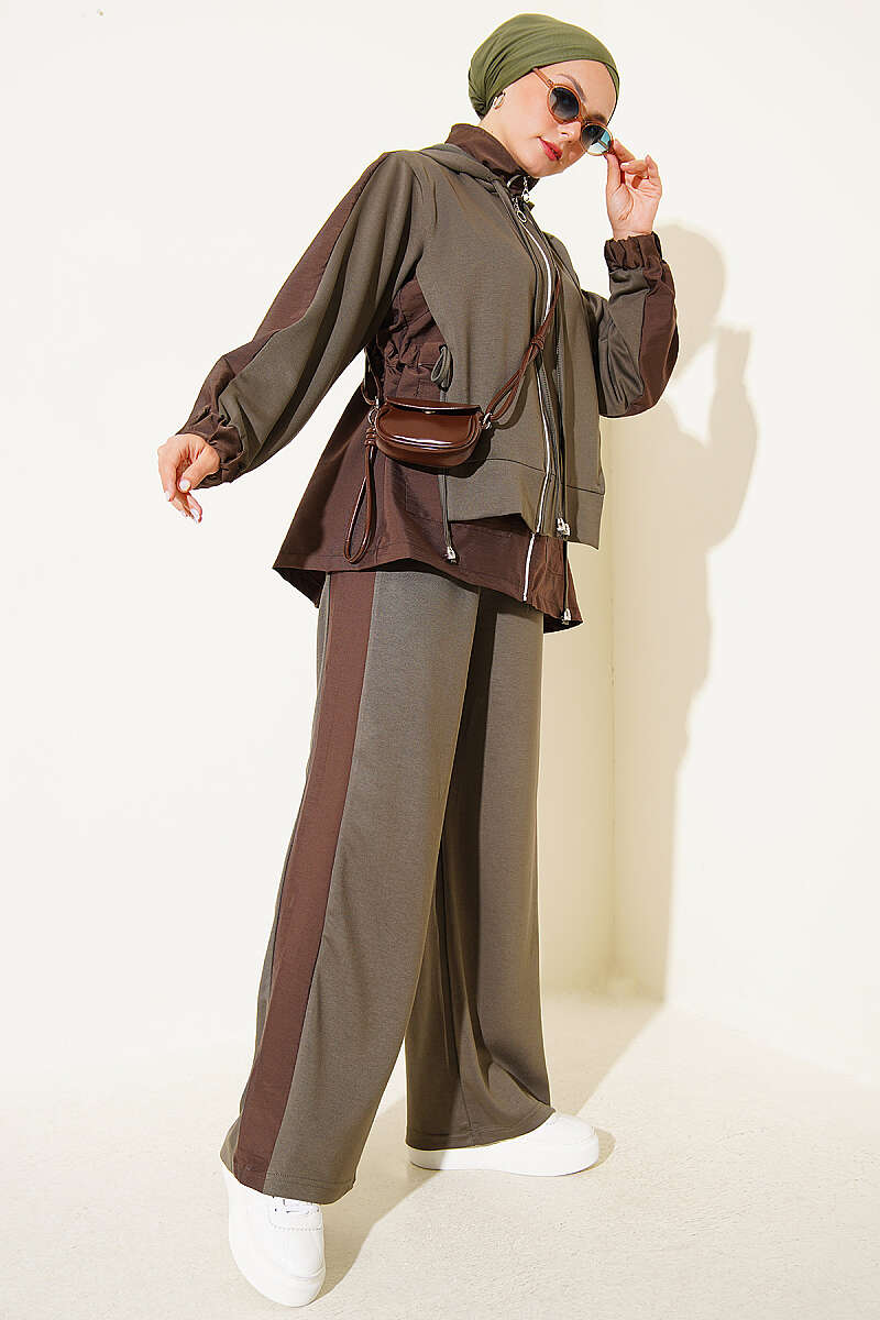 Hooded Two-Piece Set with Collar Trim - Khaki
