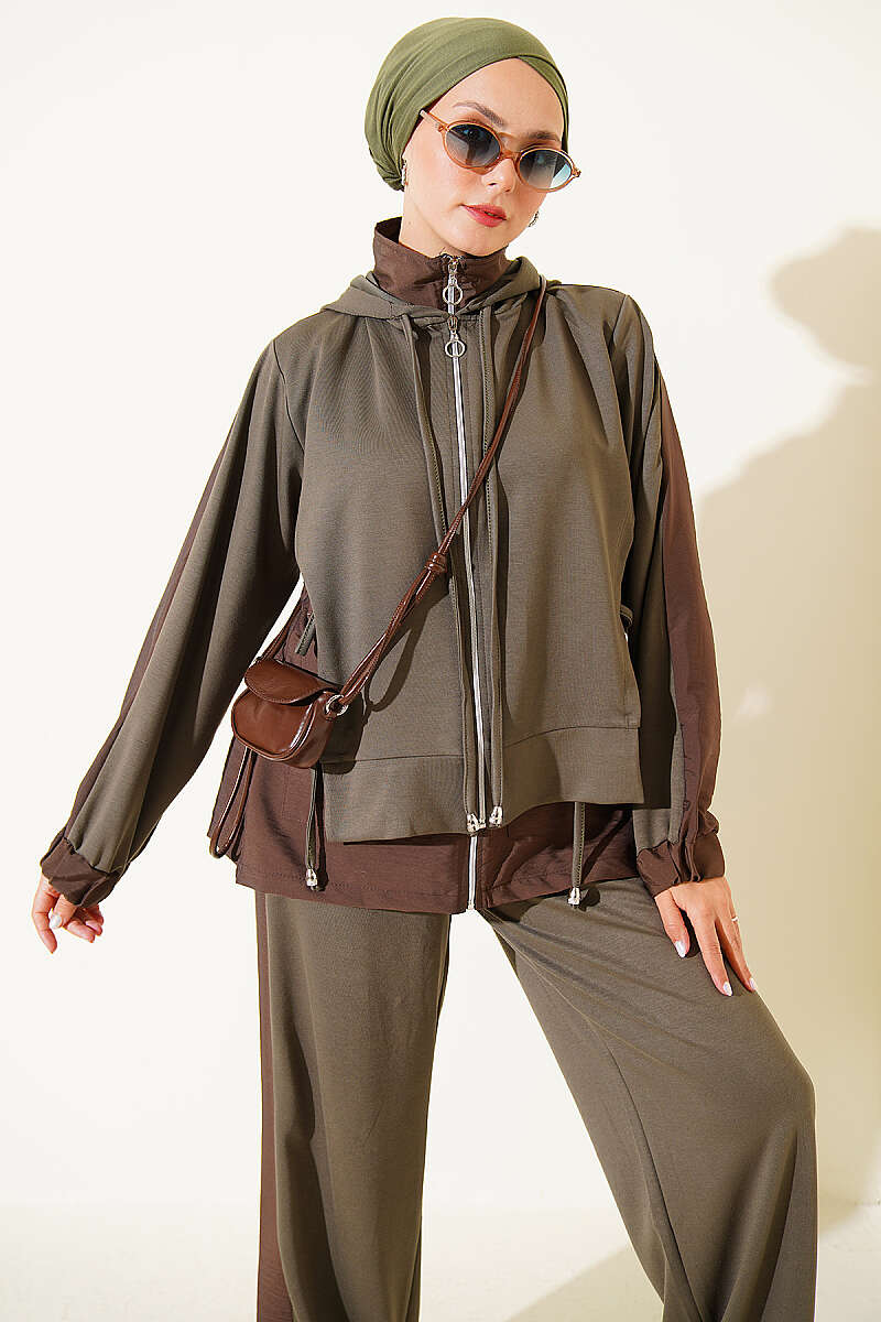 Hooded Two-Piece Set with Collar Trim - Khaki