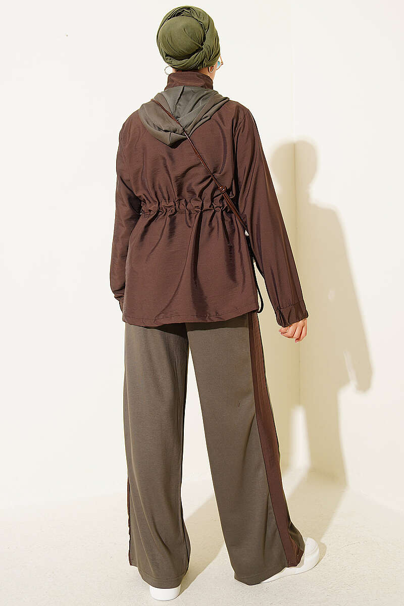 Hooded Two-Piece Set with Collar Trim - Khaki