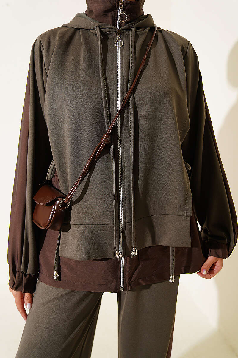 Hooded Two-Piece Set with Collar Trim - Khaki