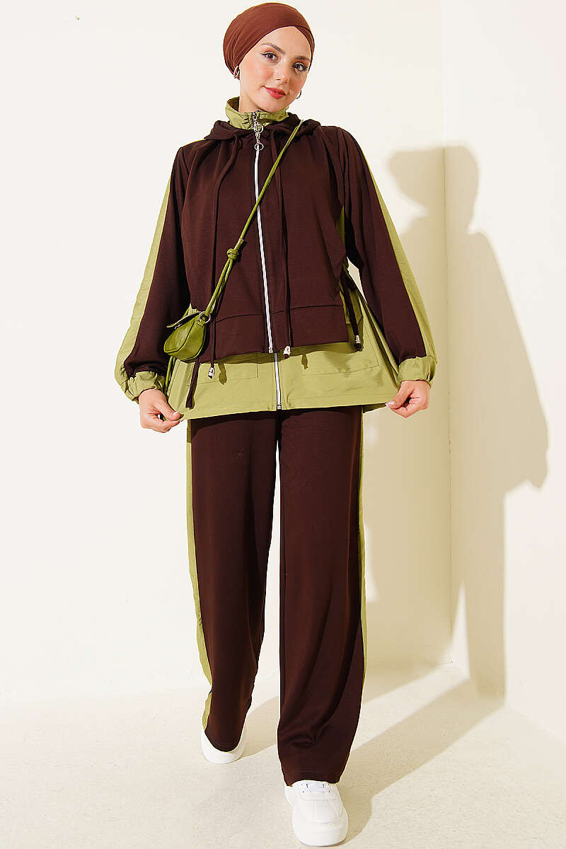 Hooded Two-Piece Set with Collar Trim - Brown