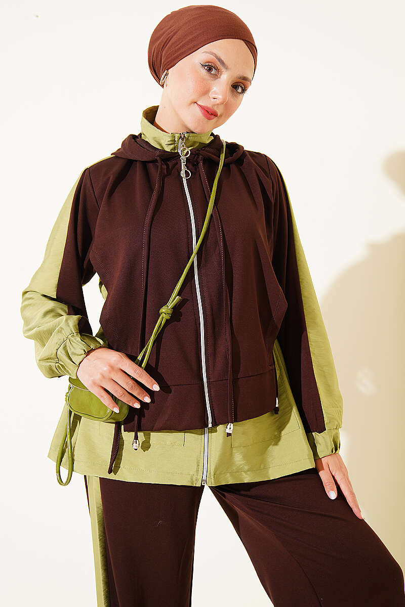 Hooded Two-Piece Set with Collar Trim - Brown