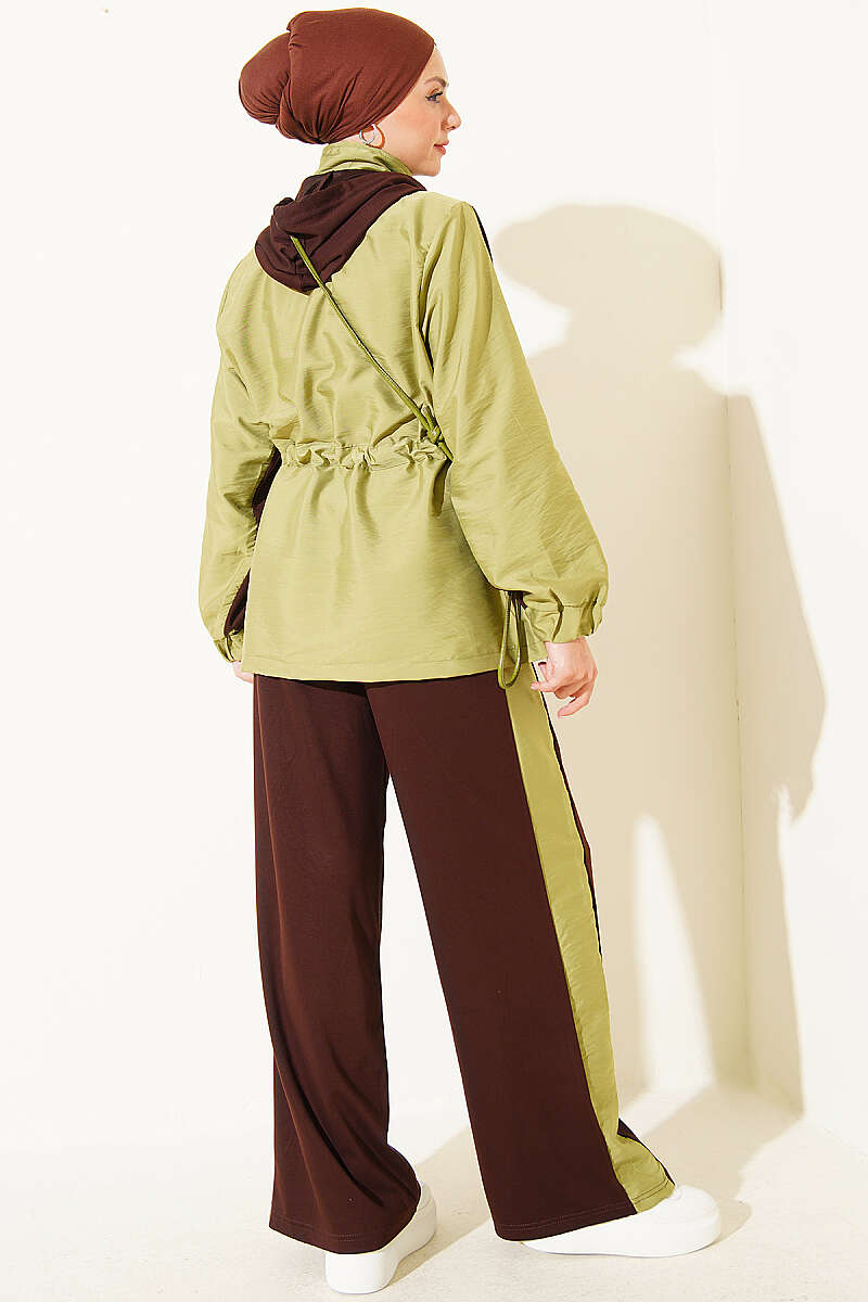 Hooded Two-Piece Set with Collar Trim - Brown