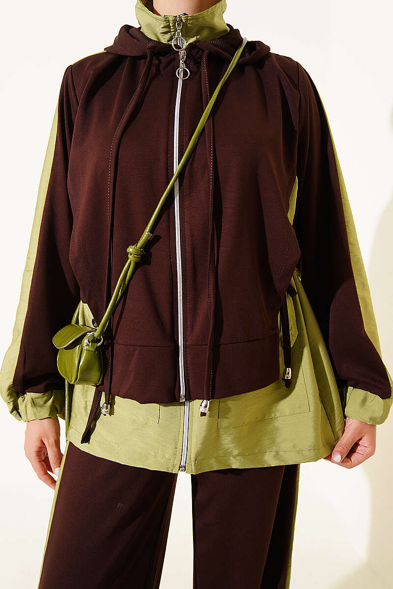 Hooded Two-Piece Set with Collar Trim - Brown