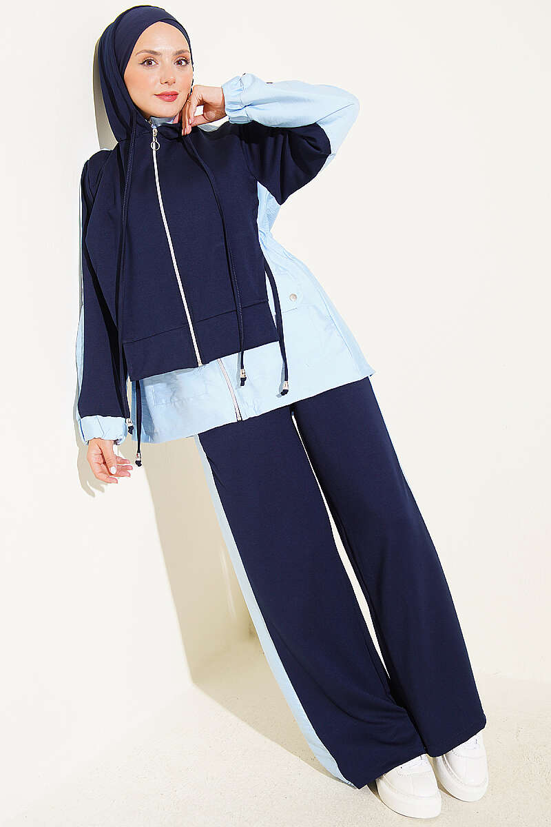 Hooded Two-Piece Set with Collar Trim - Navy
