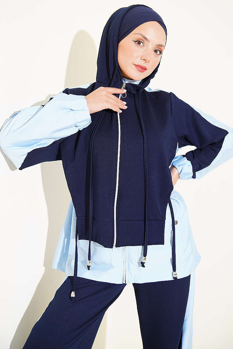 Hooded Two-Piece Set with Collar Trim - Navy