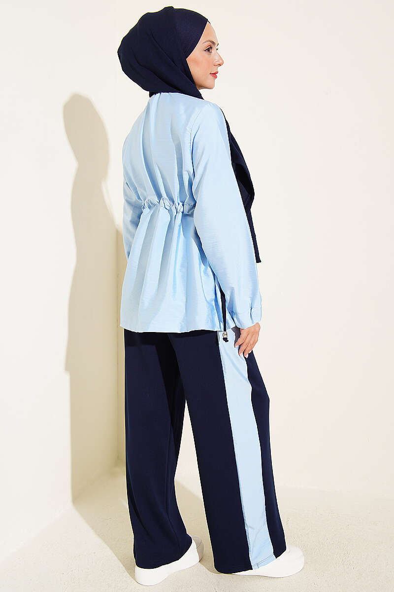 Hooded Two-Piece Set with Collar Trim - Navy