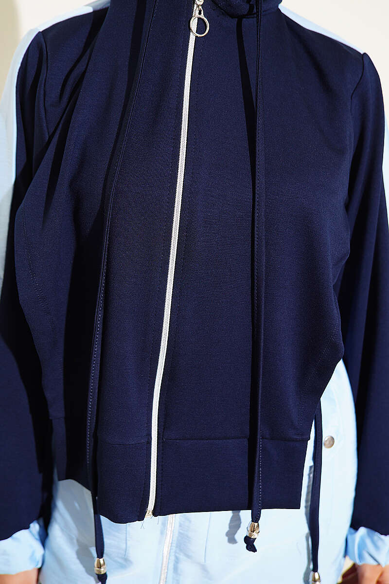 Hooded Two-Piece Set with Collar Trim - Navy