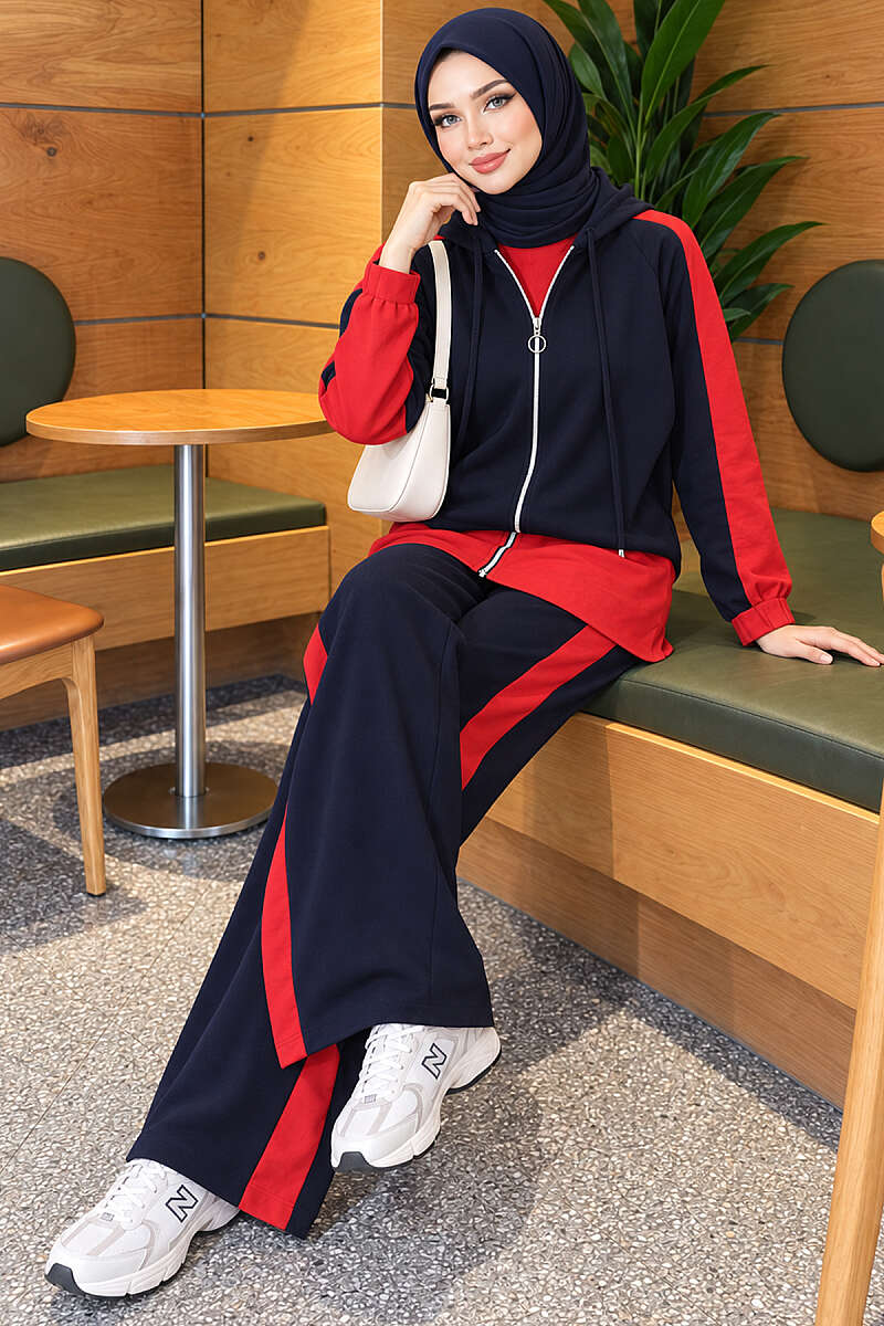 Hooded Two-Piece Set with Collar Trim - Navy-Red