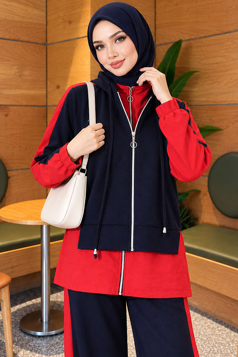 Hooded Two-Piece Set with Collar Trim - Navy-Red