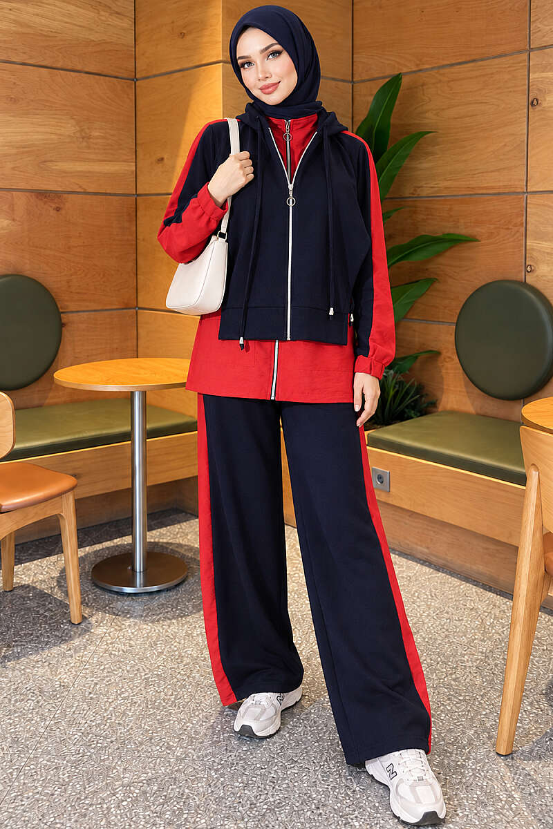 Hooded Two-Piece Set with Collar Trim - Navy-Red