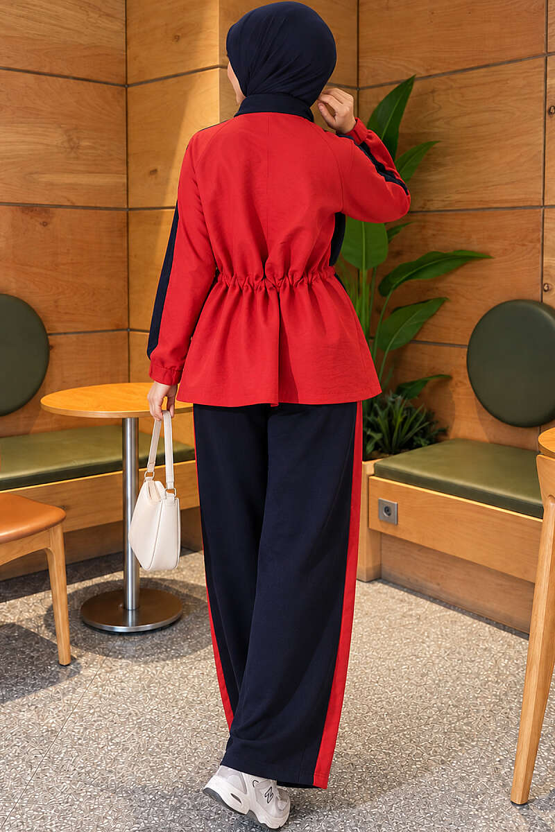 Hooded Two-Piece Set with Collar Trim - Navy-Red