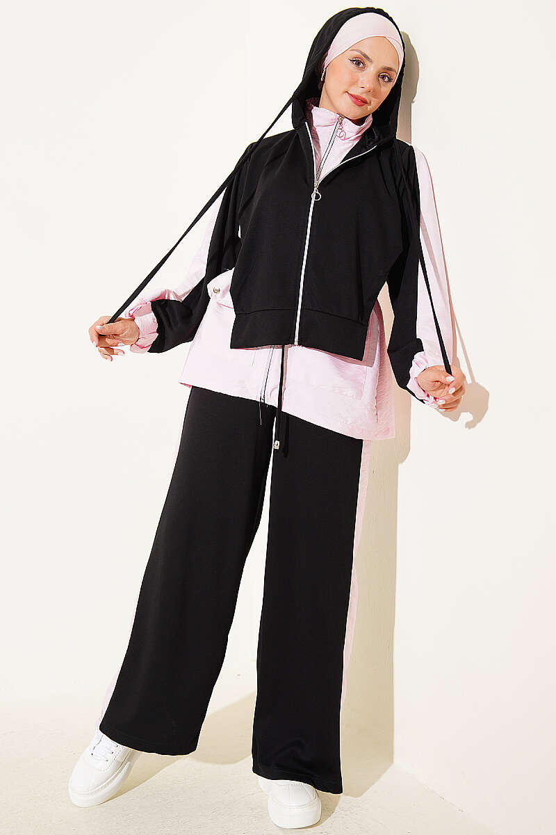Hooded Two-Piece Set with Collar Trim - Black