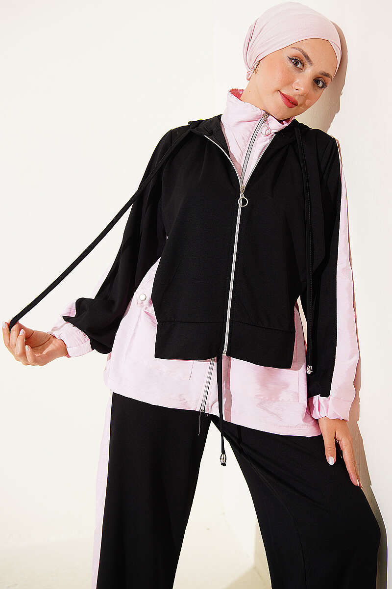 Hooded Two-Piece Set with Collar Trim - Black