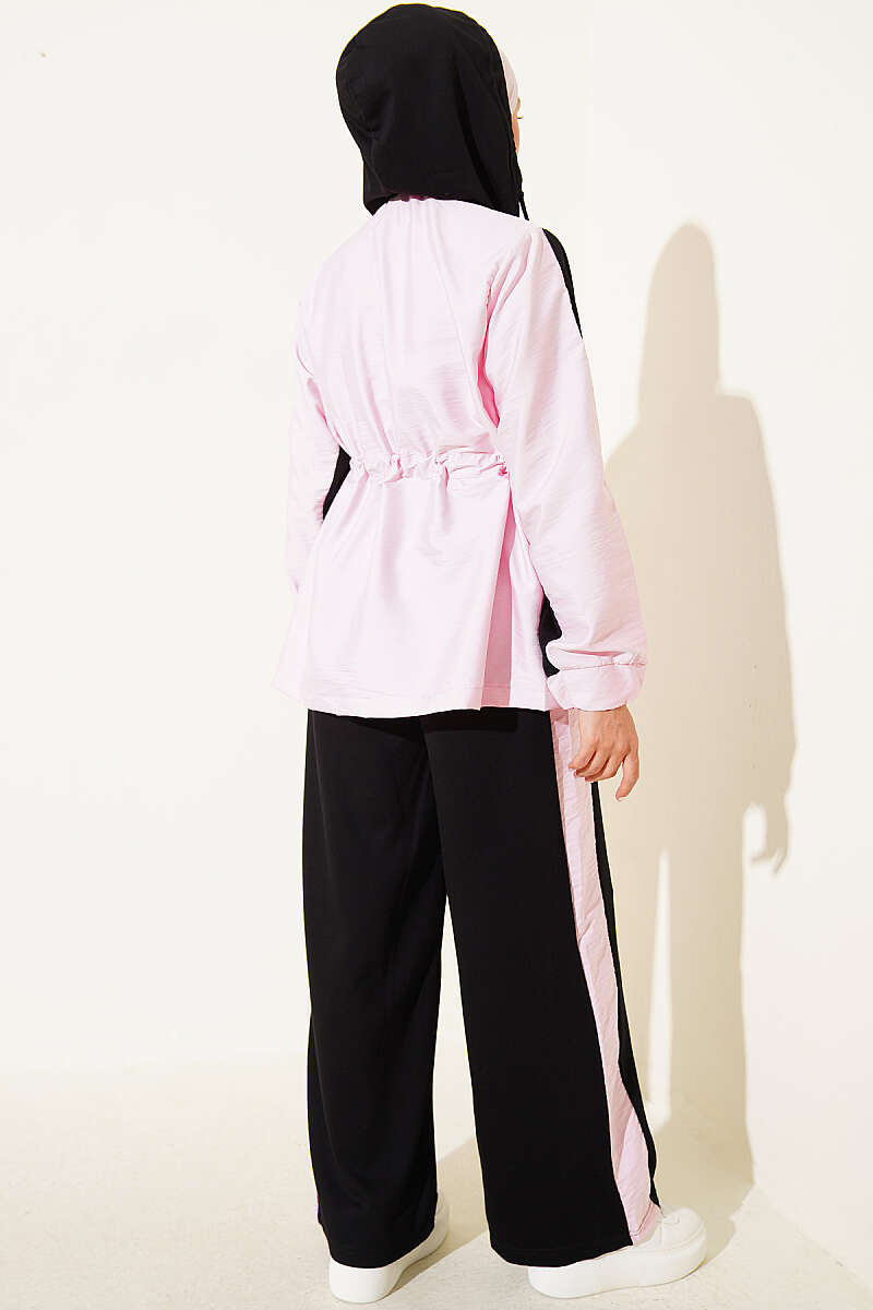Hooded Two-Piece Set with Collar Trim - Black