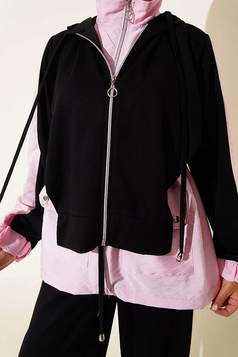 Hooded Two-Piece Set with Collar Trim - Black