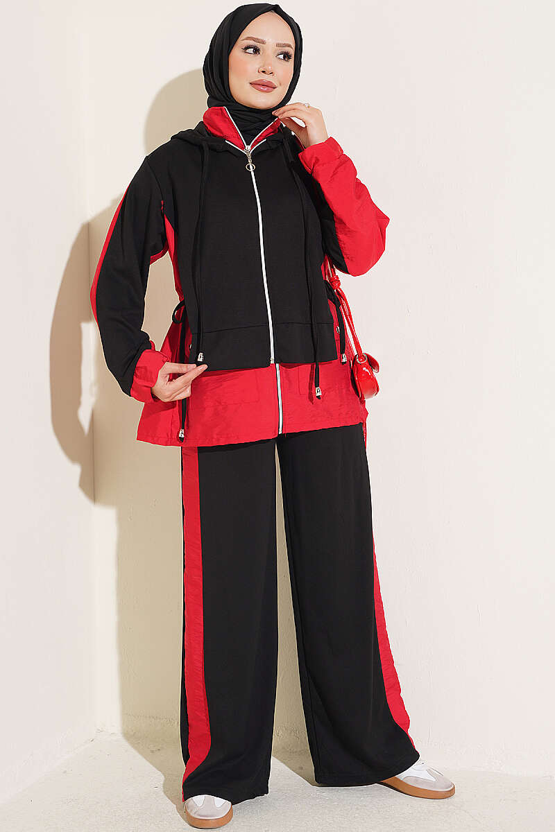 Hooded Two-Piece Set with Collar Trim - Black-Red