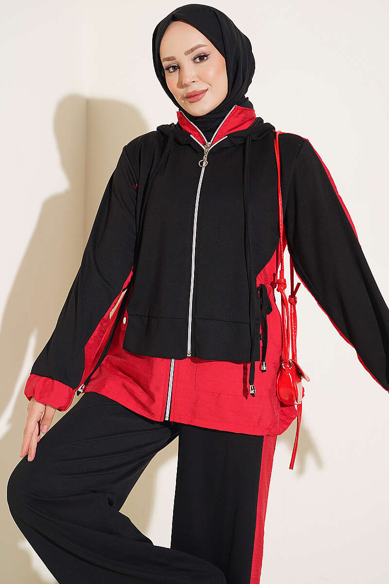 Hooded Two-Piece Set with Collar Trim - Black-Red