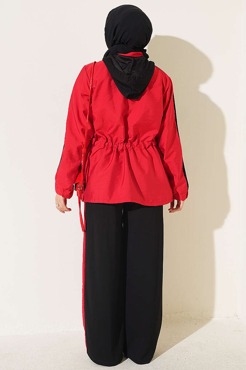 Hooded Two-Piece Set with Collar Trim - Black-Red