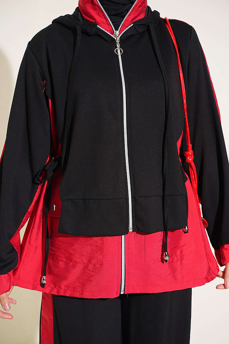 Hooded Two-Piece Set with Collar Trim - Black-Red