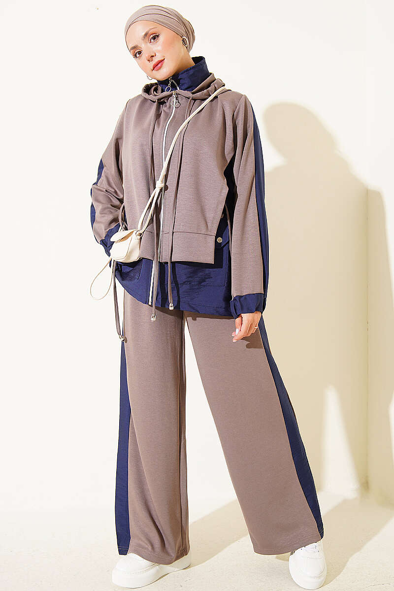 Hooded Two-Piece Set with Collar Trim - Mink