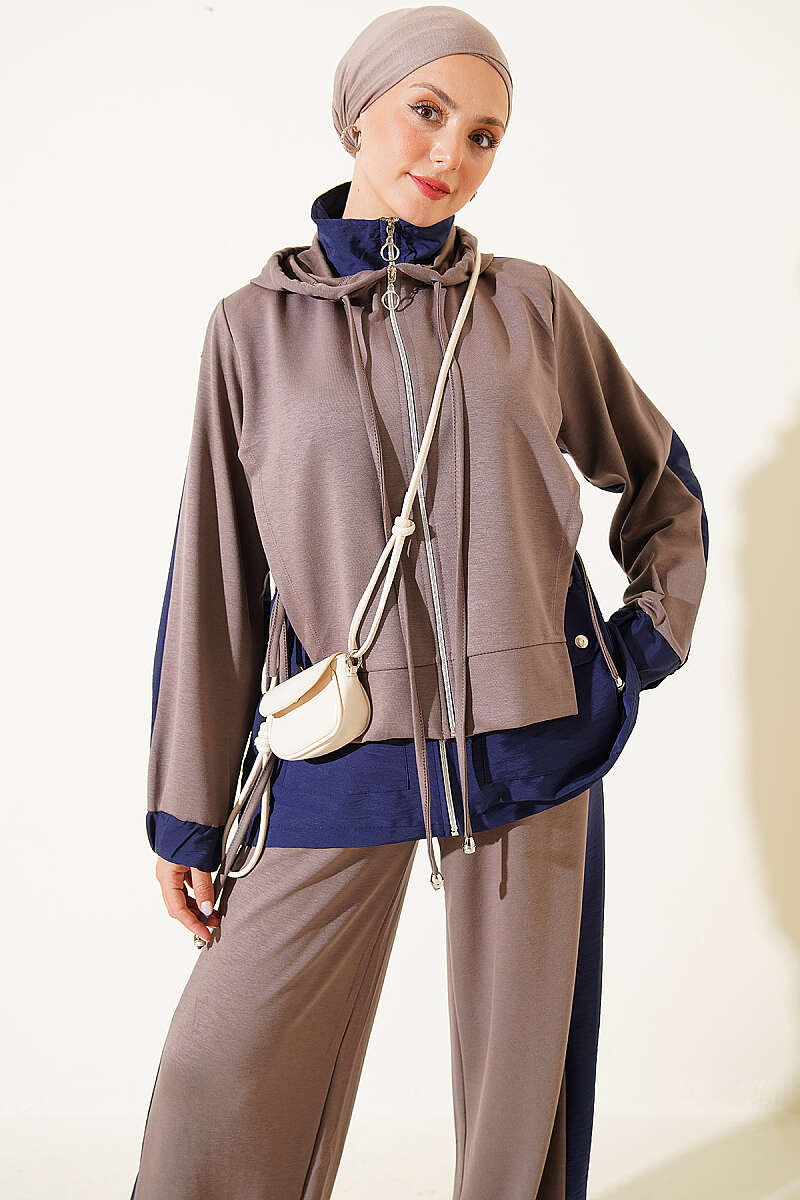 Hooded Two-Piece Set with Collar Trim - Mink