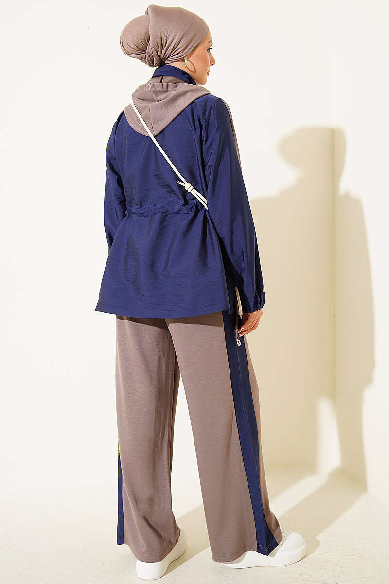 Hooded Two-Piece Set with Collar Trim - Mink