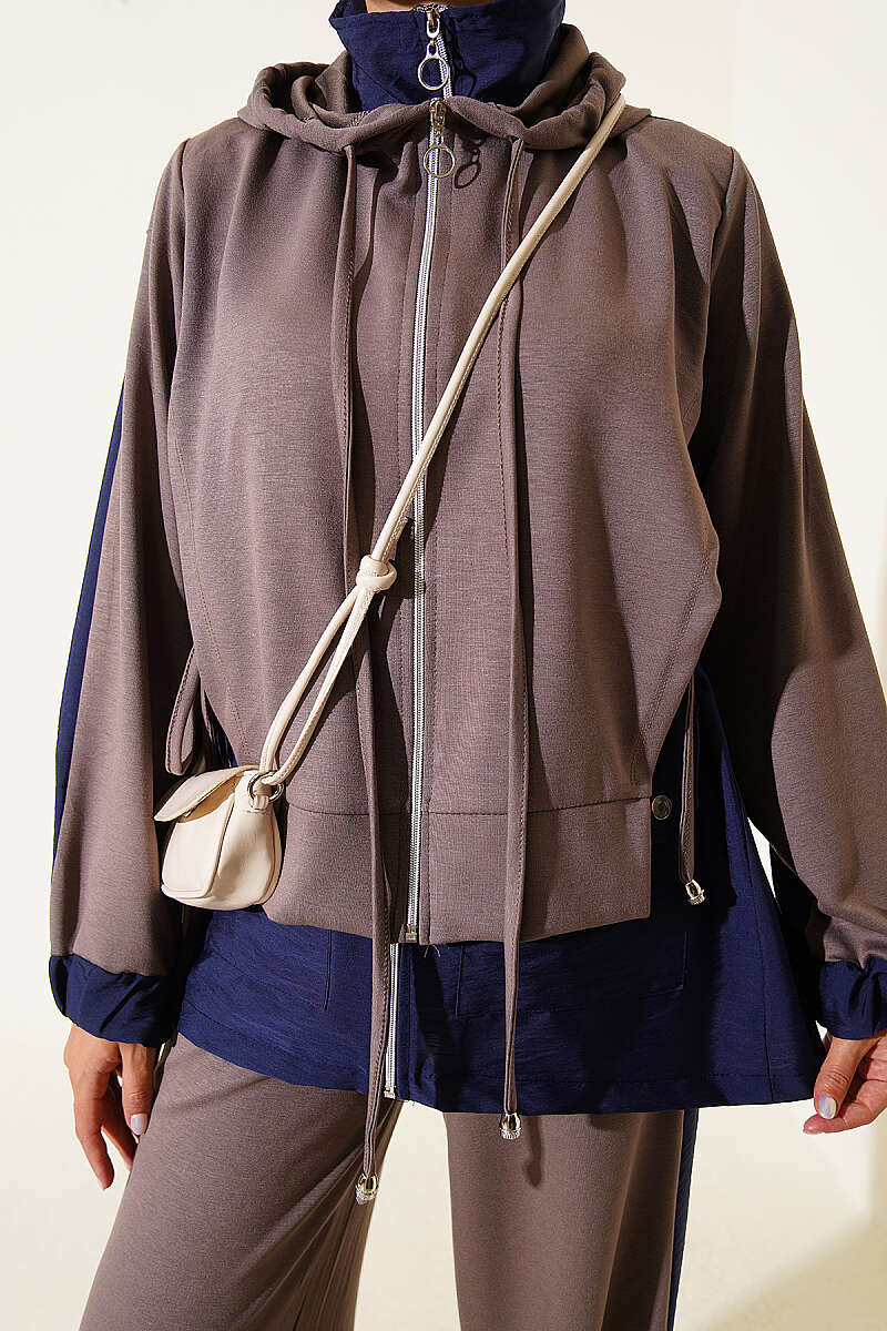 Hooded Two-Piece Set with Collar Trim - Mink