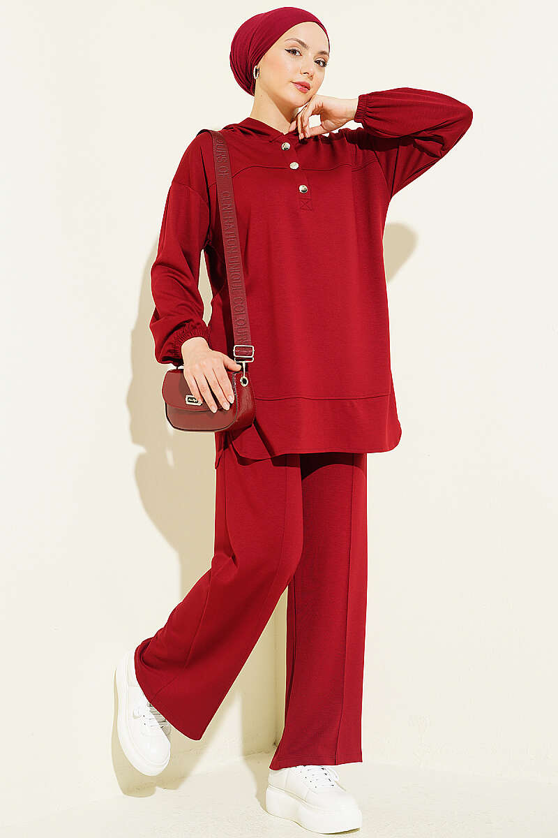 Hooded Half-Button Jersey Two-Piece Set - Burgundy